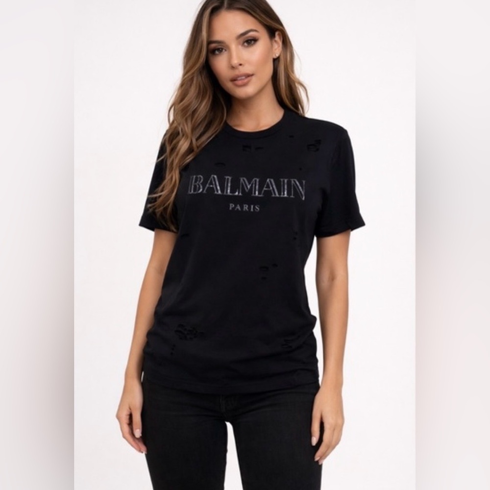 Balmain Black Distressed Logo Short-Sleeve Tee size small